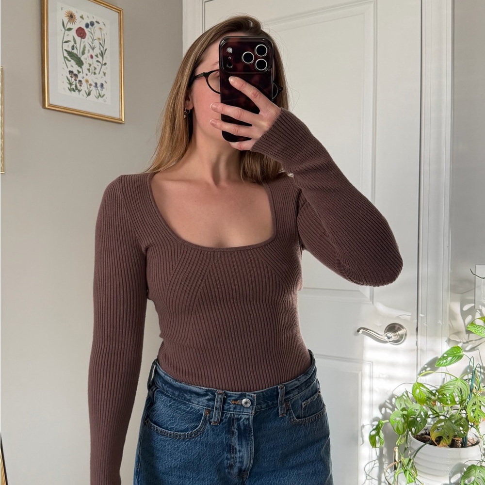 Brown Ribbed Knit Top